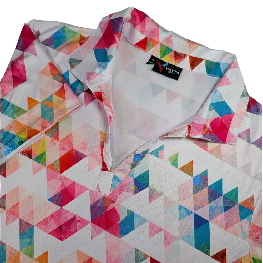 Yatta Golf Polo Shirt Womens XL White Multi Geometric Triangle V-Neck Top